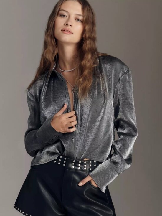 Pilcro Tops - Pilcro Metallic Charcoal Satin Button-Down Shirt - Women Tops
